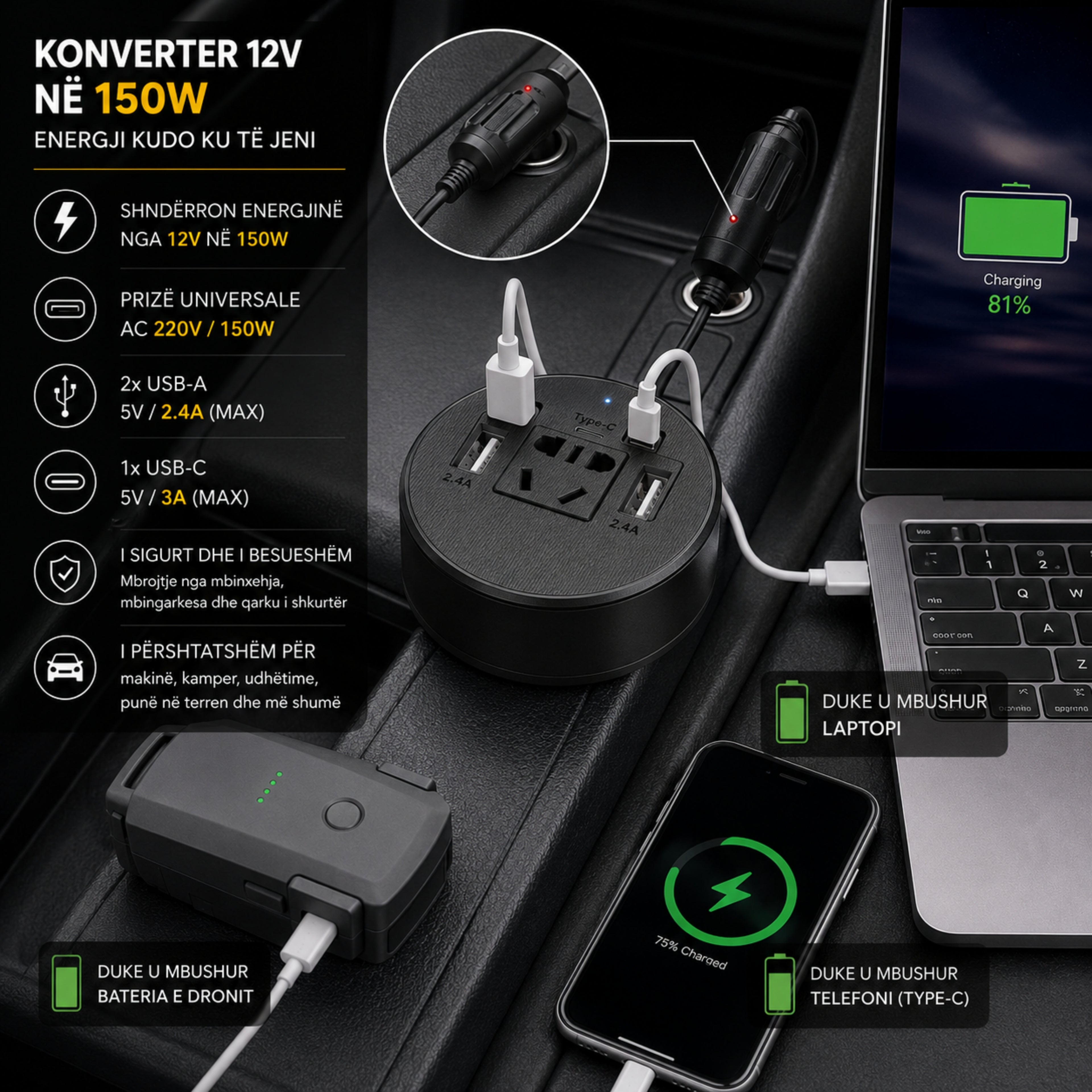 Konverter 12V në 220V – 150W