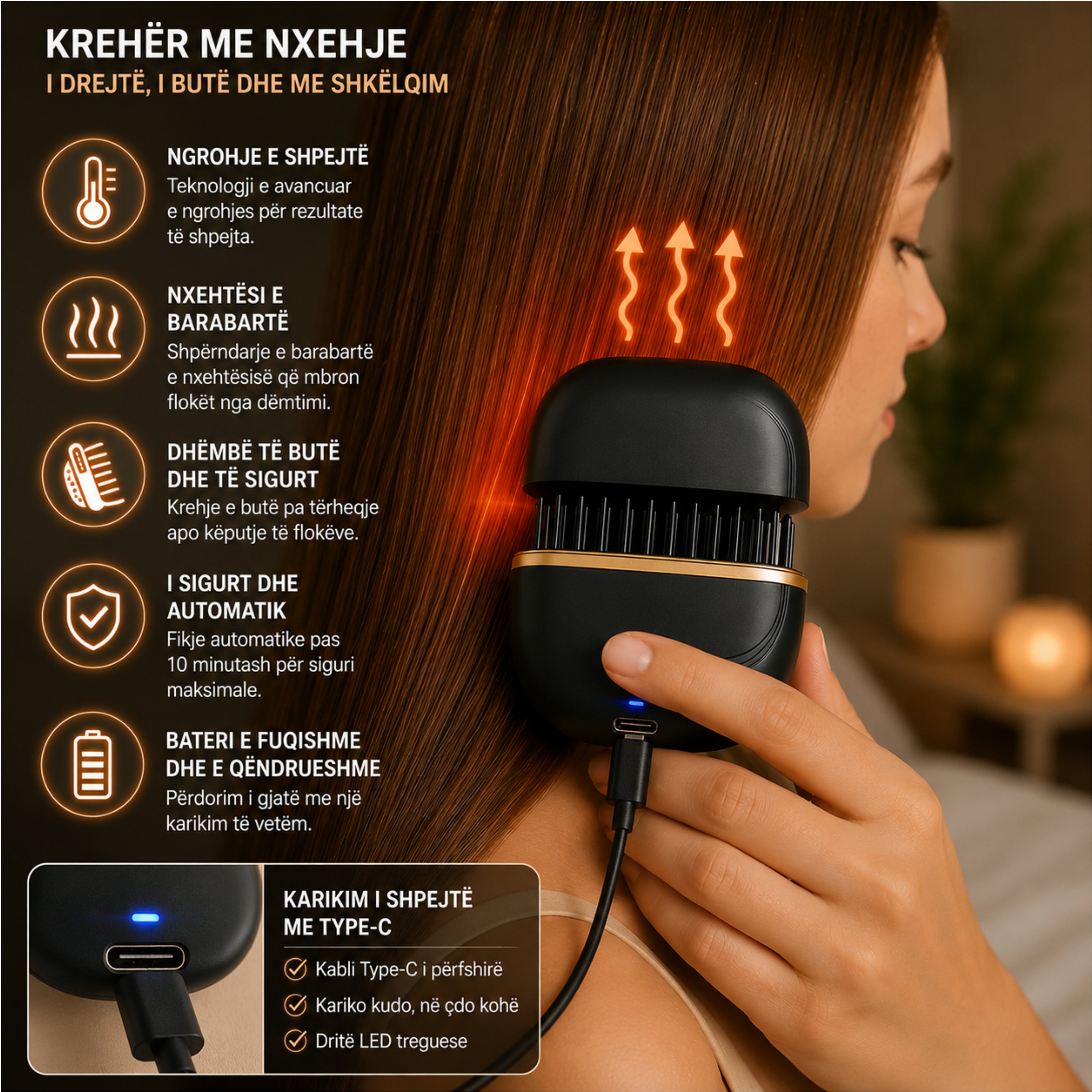 Krehër Elektrik me Ngrohje për Drejtimin e Flokëve