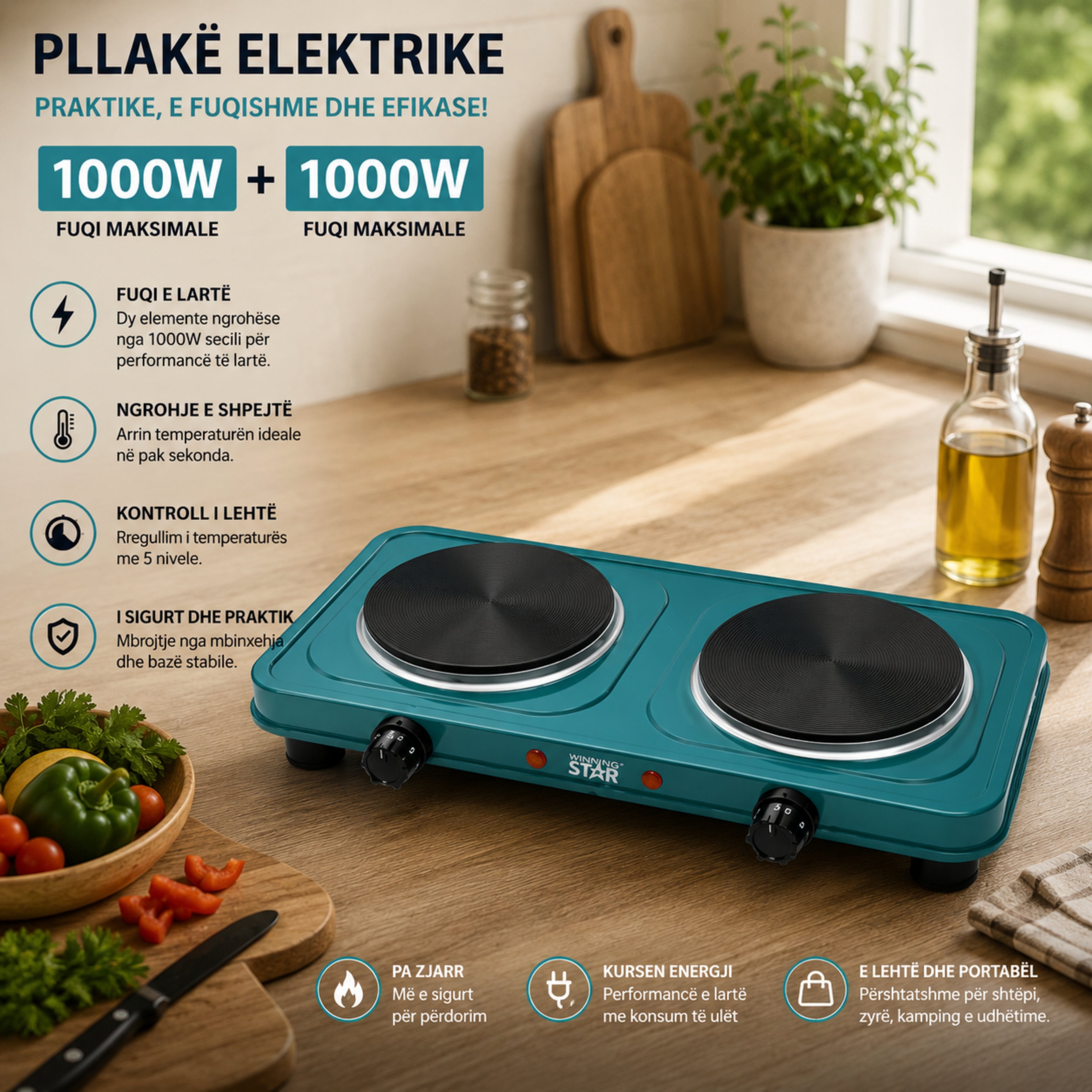 Pllakë Elektrike me Dy Vatra 2000W
