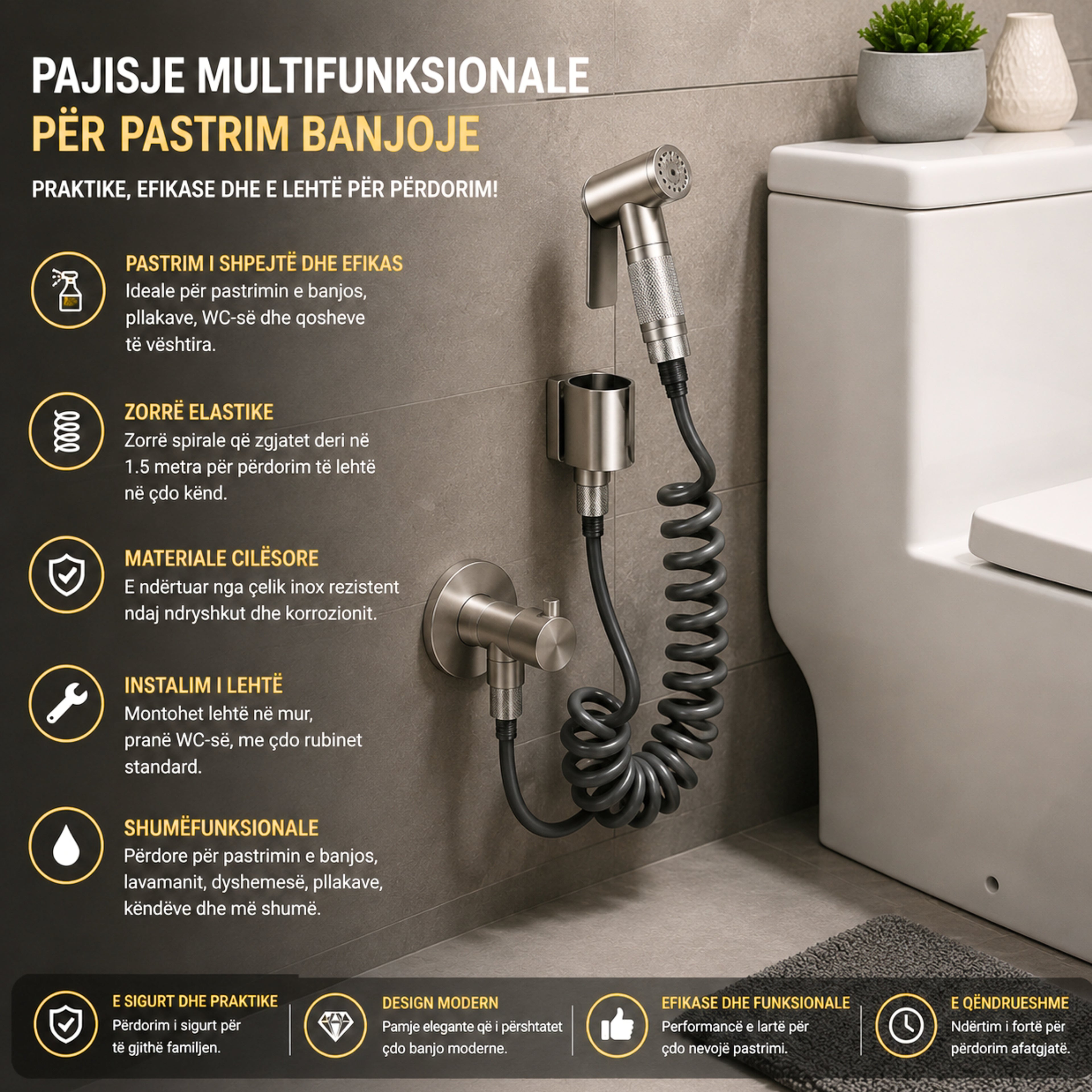 Set Pastrimi për Banjo (Bidet Spray) me Zorrë Spirale 1.5m