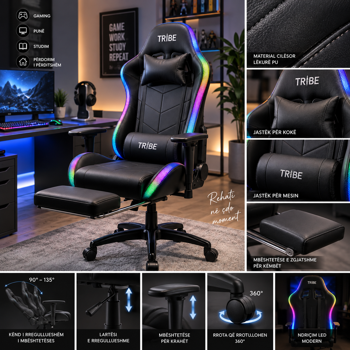Karrige Gaming Ergonomike me Mbështetëse për Këmbë